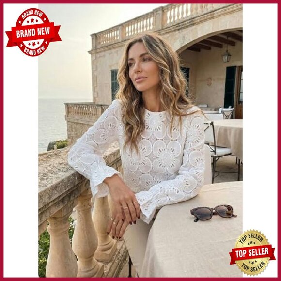 Long Sleeve Eyelet Lace Blouse, Loose Fit, 60% Cotton 40% Nylon - Picture 3 of 8